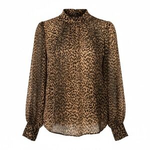 H&M Women's Leopard Print Blouse Shirt Long Sleeve Sz 6 High Neck Gold Button